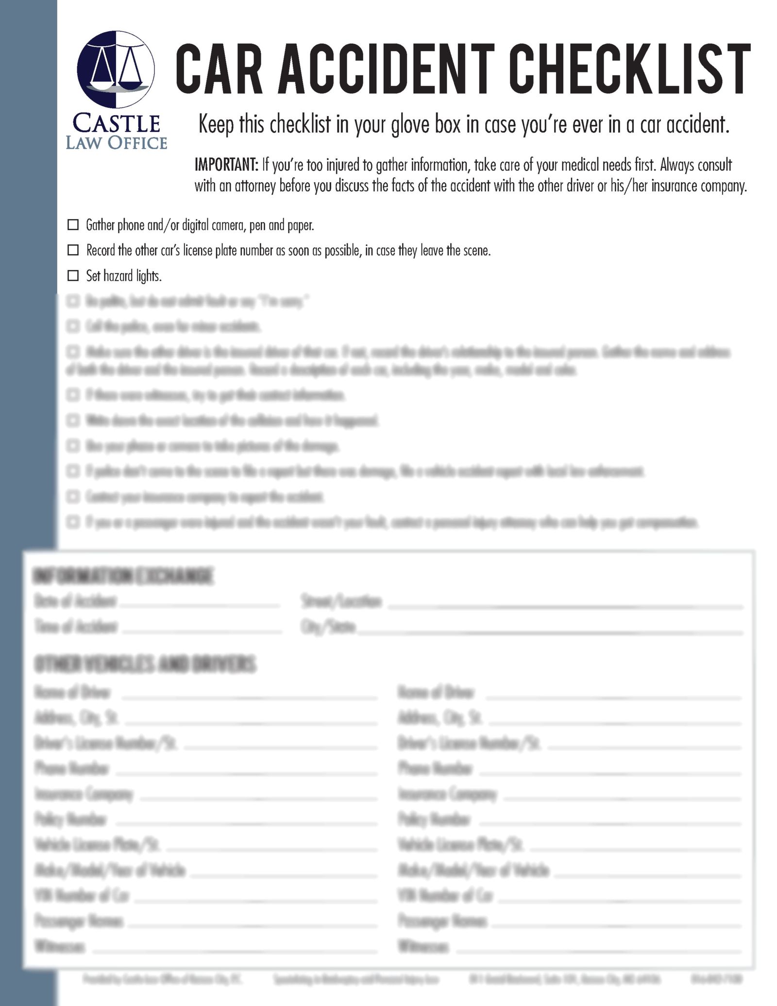 Car Accident Checklist And Download Castle Law Office