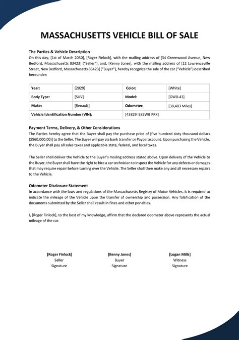 Car Bill Of Sale Massachusetts Template Massdot Vehicle Bill Of Sale