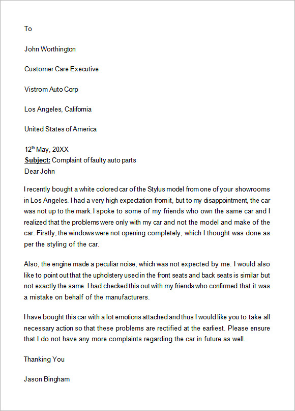 Car Complaint Letter Used Vehicle Templates At Allbusinesstemplates Com