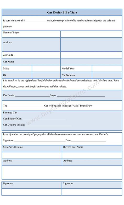 Car Dealer Bill Of Sale Form Sample Forms