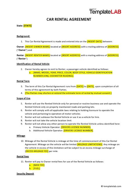 Car Rental Agreement Contract Template