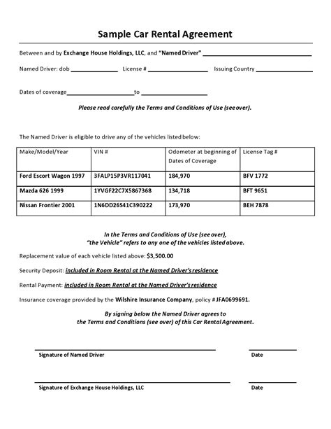 Car Rental Agreement Form