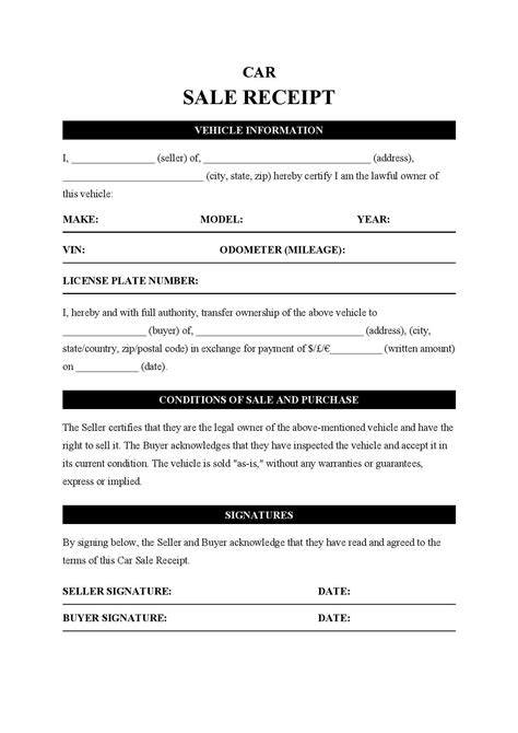 Car Sale Receipt Template Free Download Easy Legal Docs