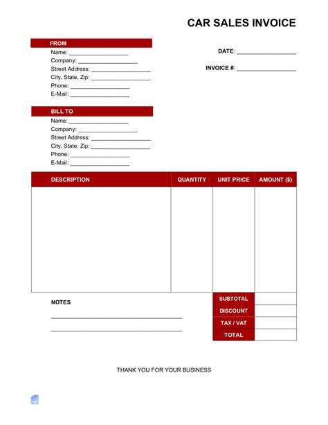 Car Sales Invoice Template Excel Invoice Example