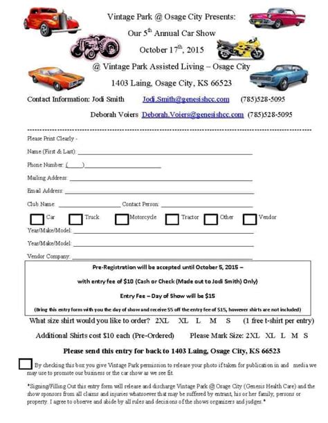 Car Show Registration Form Templates Word Excel Fomats