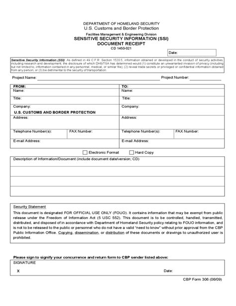 Cbp Form 306 Sensitive Security Information Ssi Document Receipt