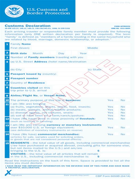 Cbp Form 6059B Customs Declaration English Fillable Fillable Form