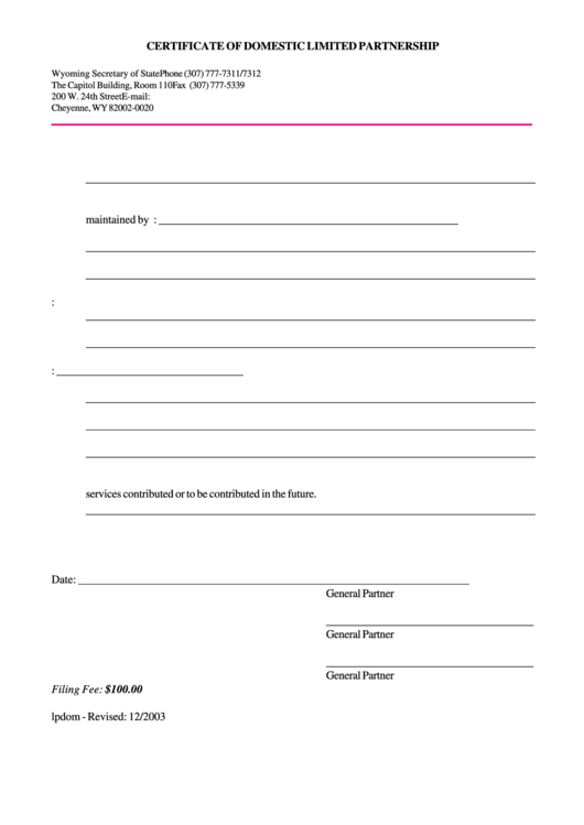 Certificate Of Domestic Limited Partnership Form 2003 Printable Pdf