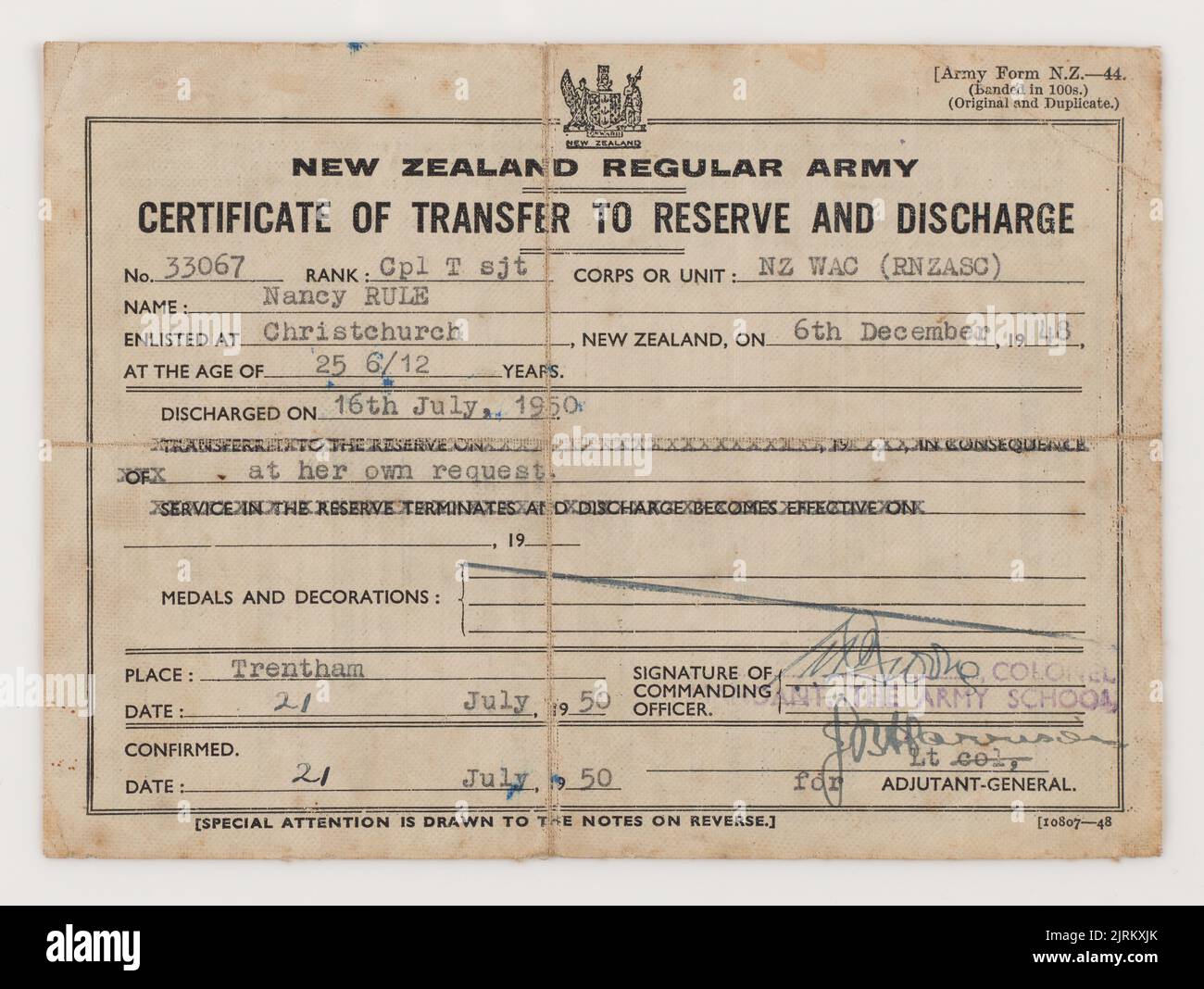 Certificate Of Transfer To Reserve And Discharge Nancy Rule 21 July