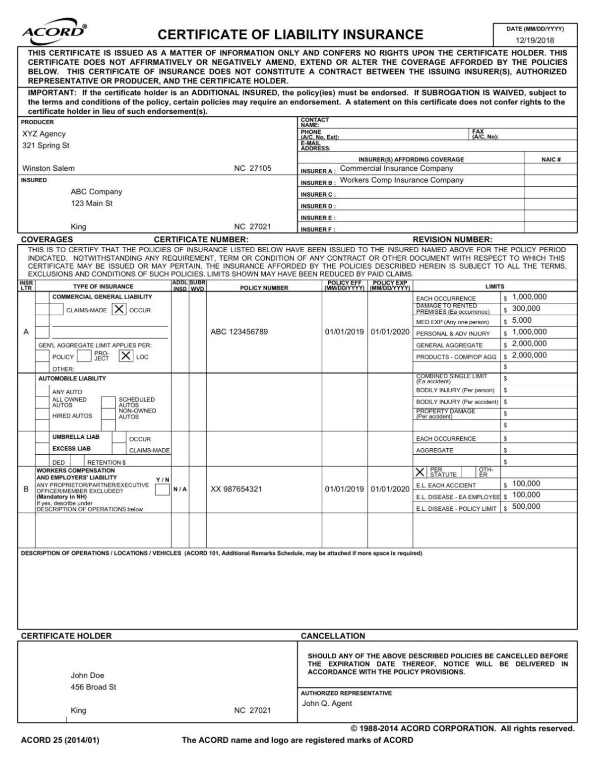 Certificates Of Liability Insurance Format Financial Report