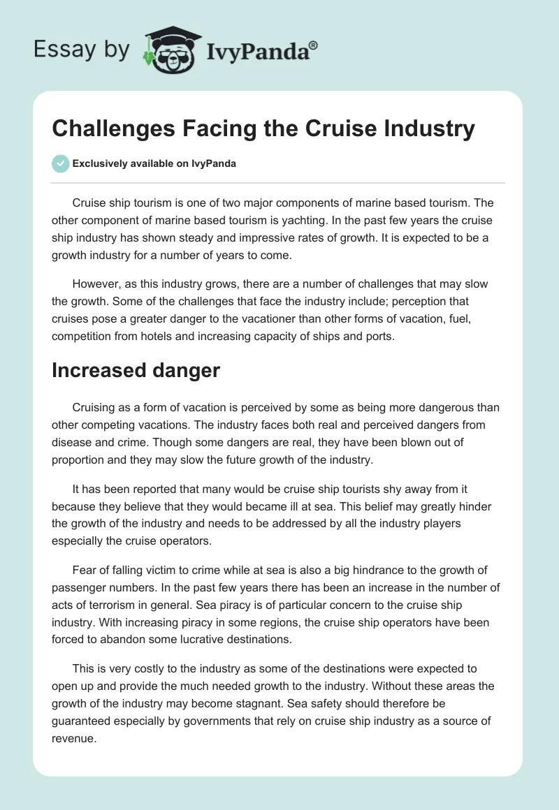 Challenges Facing The Cruise Industry 611 Words Essay Example