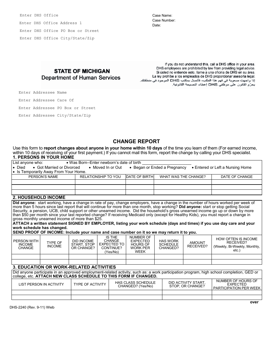 Change Report Dhs 2240 Form Fill Out Printable Pdf Forms Online