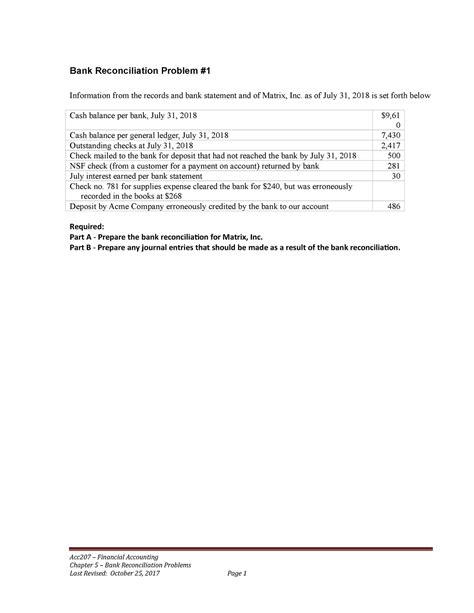 Chapter 5 Bank Reconciliation Lecture Problems Bank Reconciliation Problem Information From