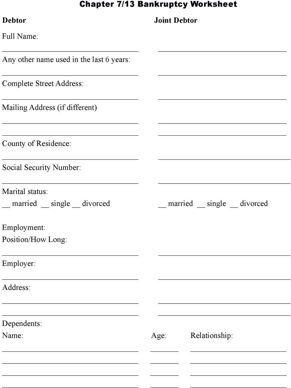 Chapter 713 Bankruptcy Worksheet Notice Important This Db Excel Com