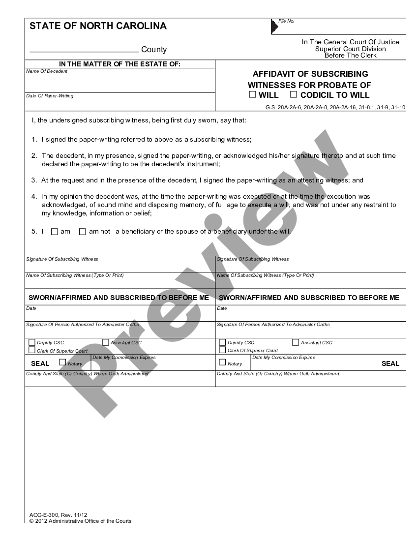 Charlotte North Carolina Affidavit Of Subscribing Witnesses For Probate