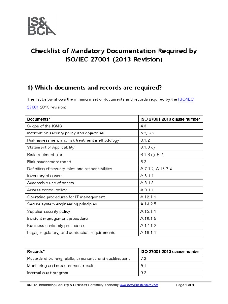 Checklist Of Mandatory Documentation Required By Iso 27001 2013 Pdf