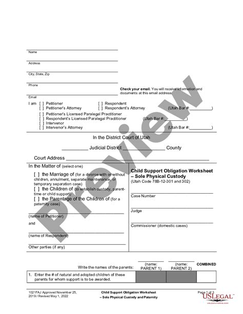 Child Support Obligation Worksheet Free Download