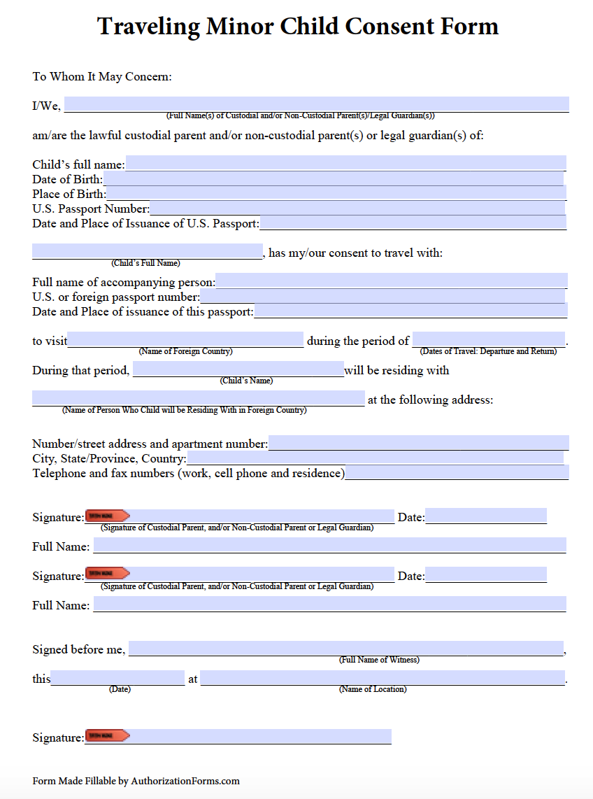 Child Travel Consent Form Free Minor Travel Consent Letter Us