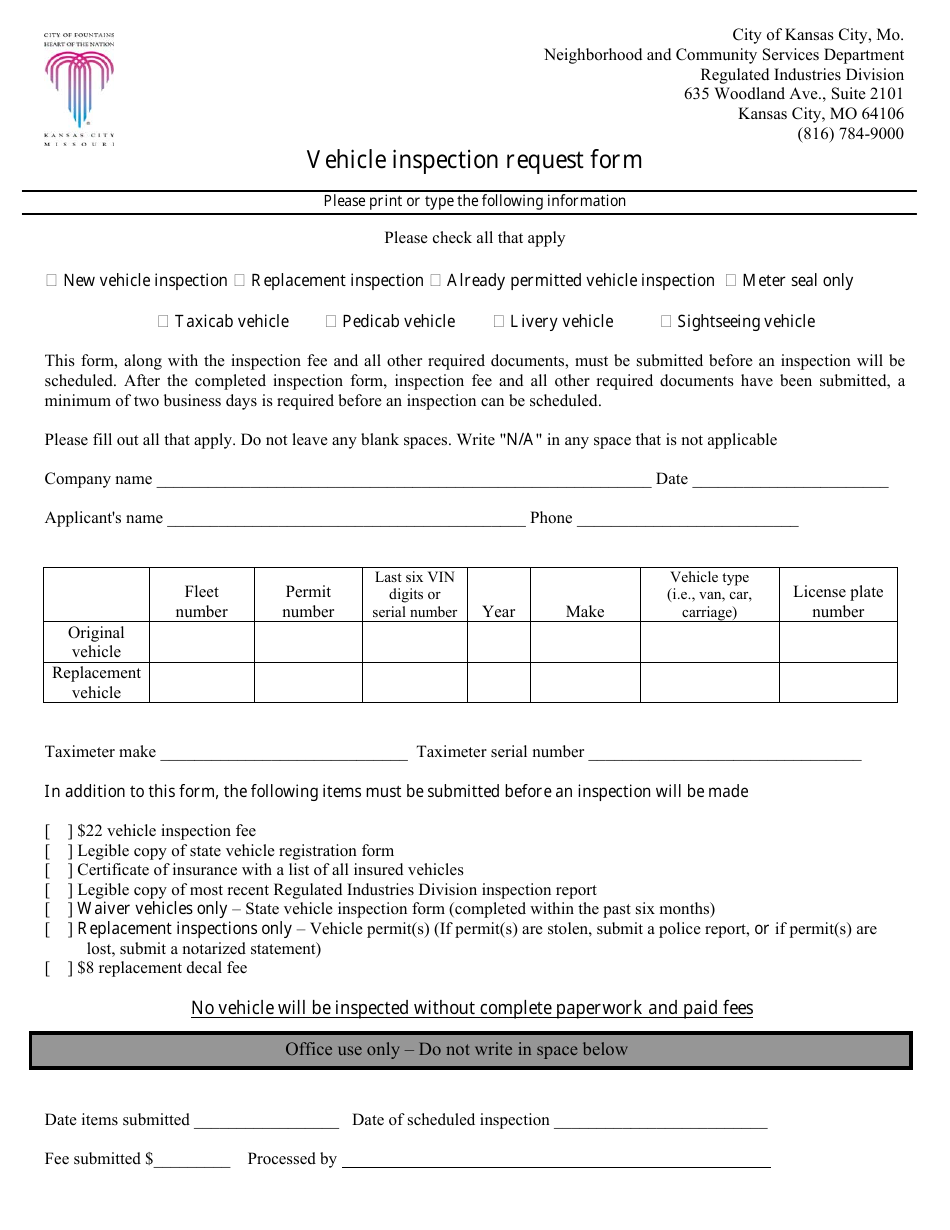 City Of Kansas Missouri Vehicle Inspection Request Form Fill Out