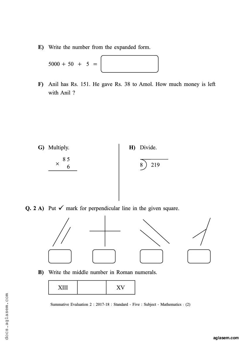 Class 5 Maths Sample Paper 2024 Maharashtra Board Pdf Maha Std 5Th Maths Model Question