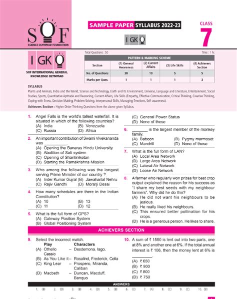 Class 7 Igko Sample Paper 2022 2023 Solved Paper Igko Class 7 Sample