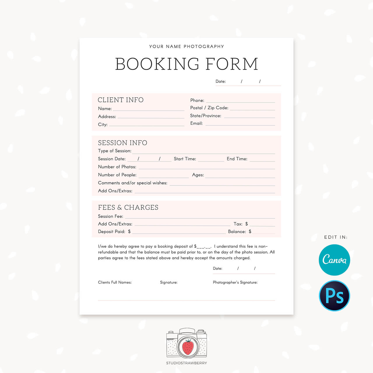 Client Booking Form Photography Booking Form Etsy In 2020 Photography Business Forms