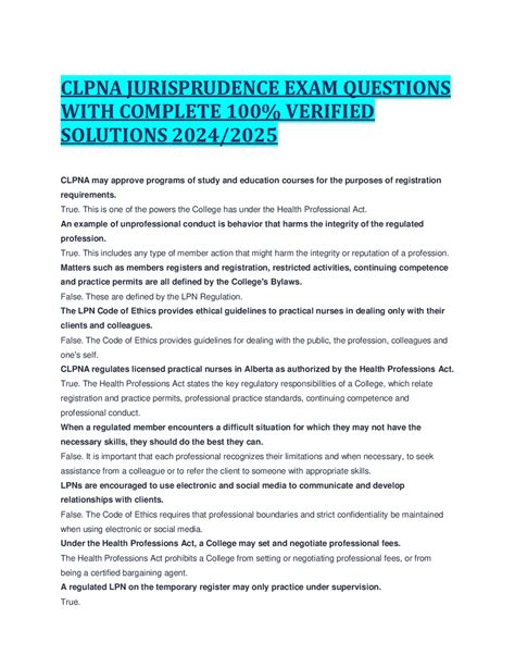 Clpna Jurisprudence Exam Questions With Complete 100% Verified ...