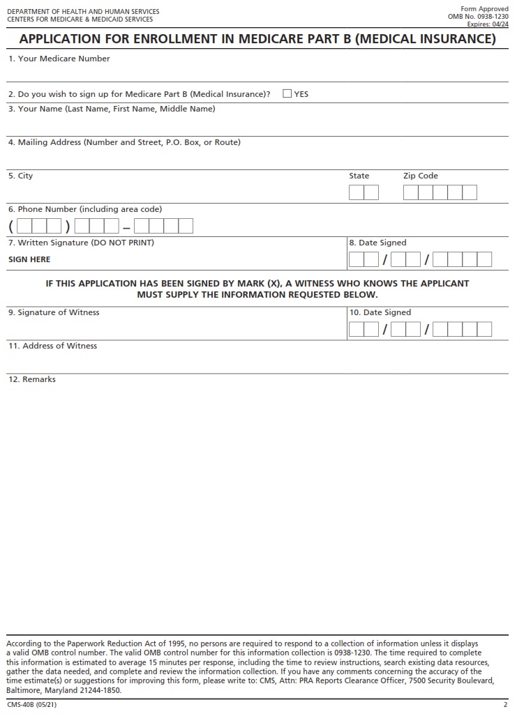 Cms 40B Application For Enrollment In Medicare Part B Medical