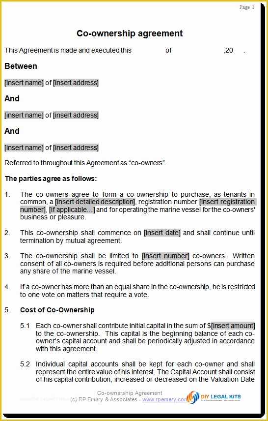 Co Ownership Agreement Template For Aircraft Or Boat