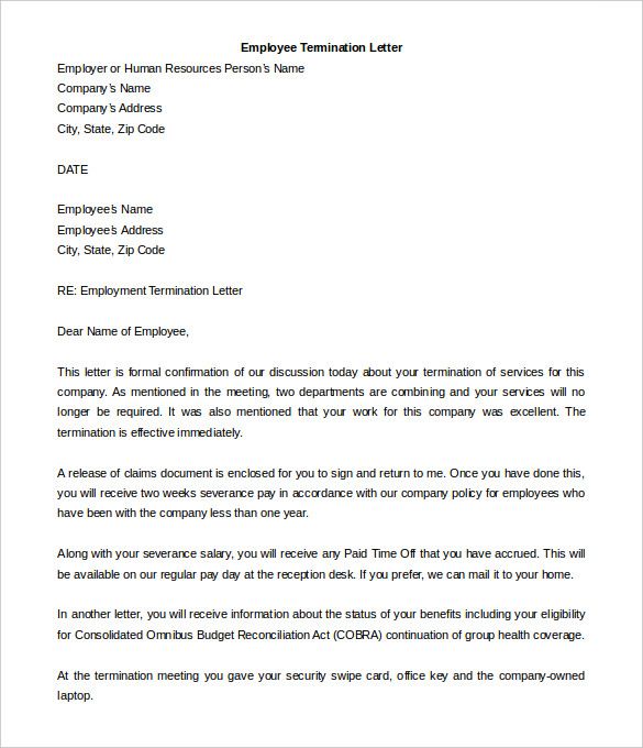 Cobra Letter To Terminated Employee