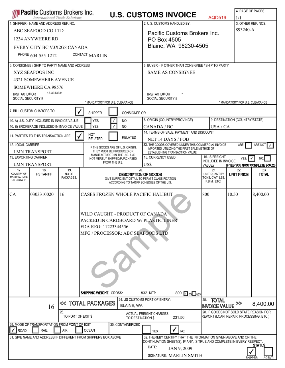 Commercial Invoice For Customs Template