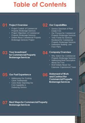 Commercial Property Brokerage Table Of Contents One Pager Sample