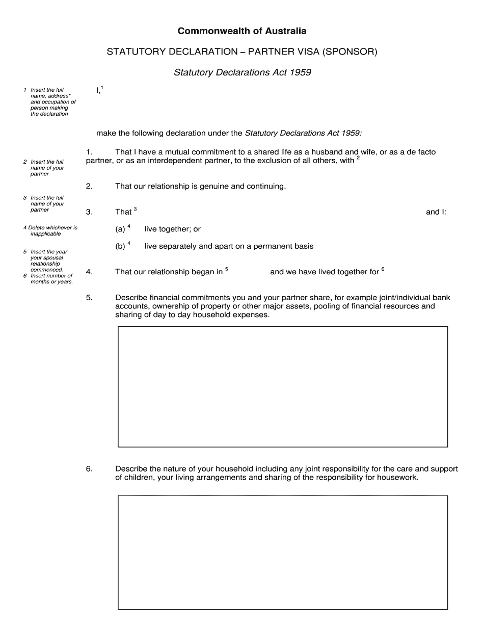 Commonwealth Of Au Statutory Declaration Partner Visa Fill And Sign Printable Template Online