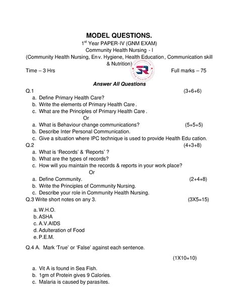 Community Health Nursing Question Papers For Gnm