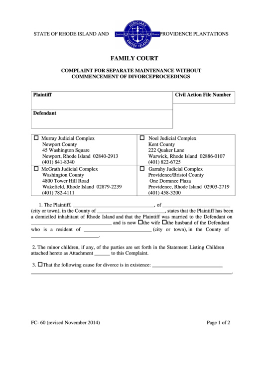 Complaint Form For Separate Maintenance Without Commencement Of Divorce Proceedings Printable