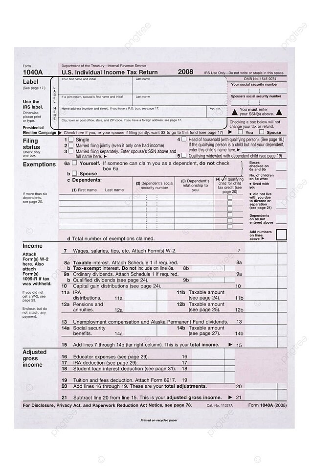 Complete 2008 1040A Tax Form Income Form Paperwork Photo Background And