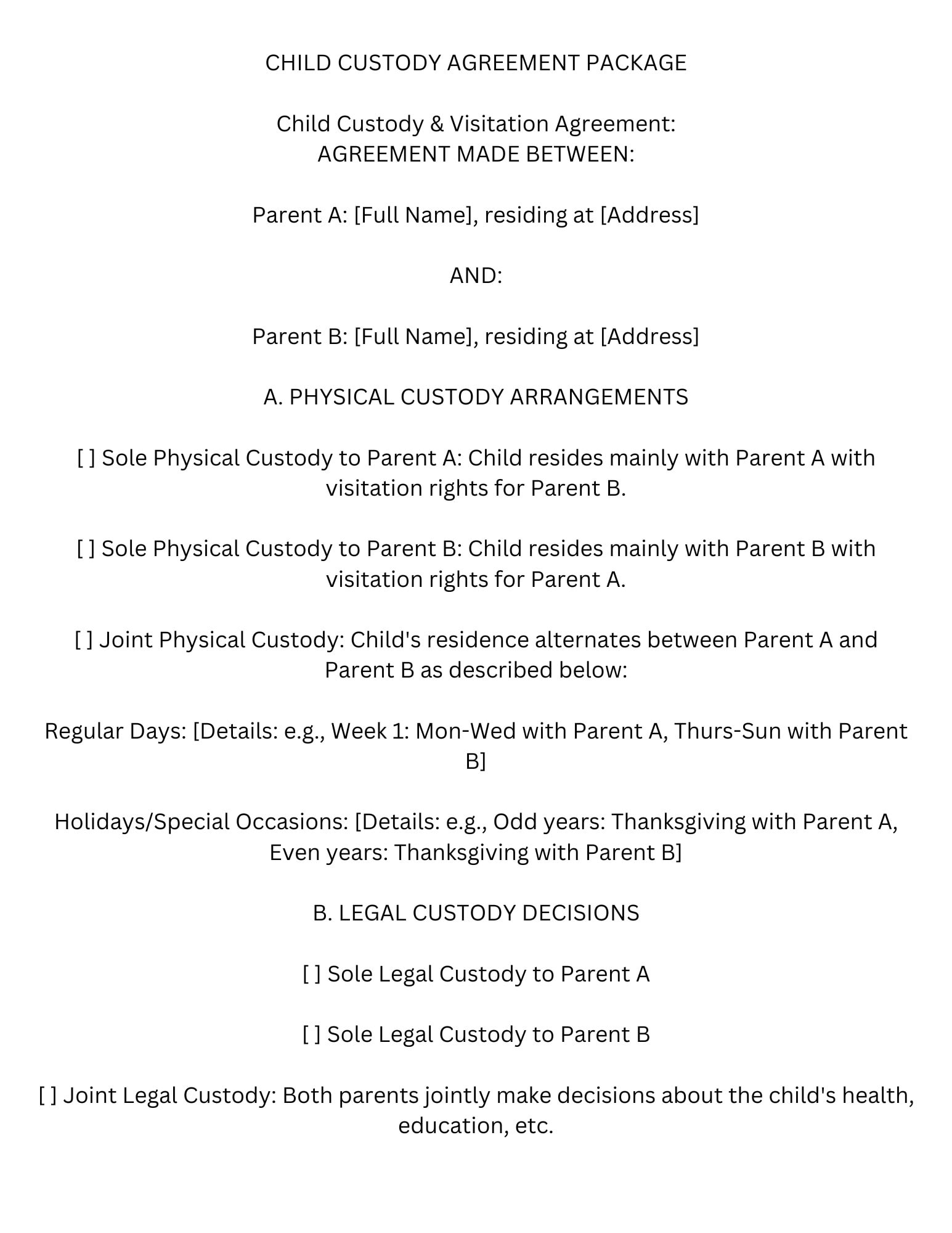 Comprehensive Child Custody Agreement Instant Download Etsy