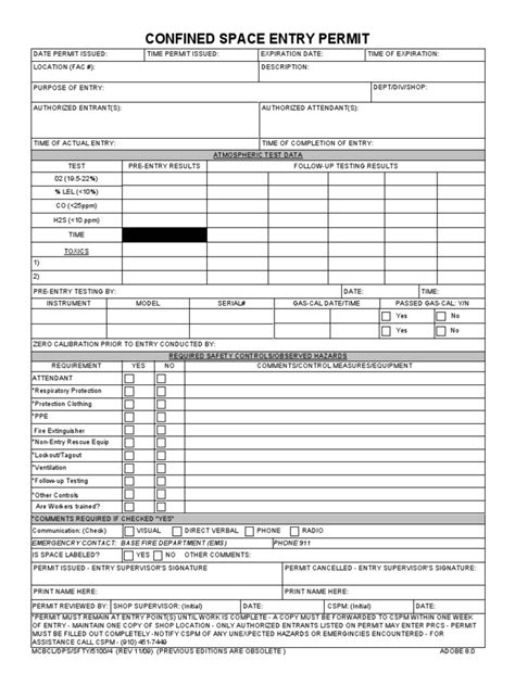 Confined Space Entry Permit Mcbcl Form Labor Relations Working