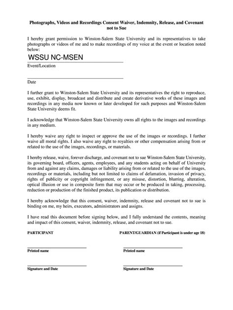 Consent Waiver Indemnity Sue Form Fill Online Printable Fillable