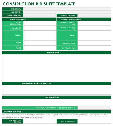 Construction Bid Sheet Template