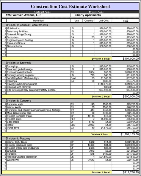 Construction Cost Estimate Template Excel Free