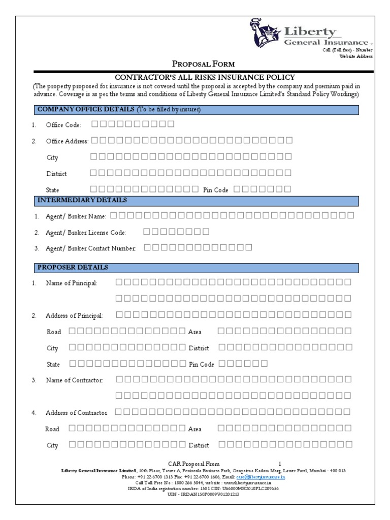 Contractors All Risks Proposal Form J S Johnson Company