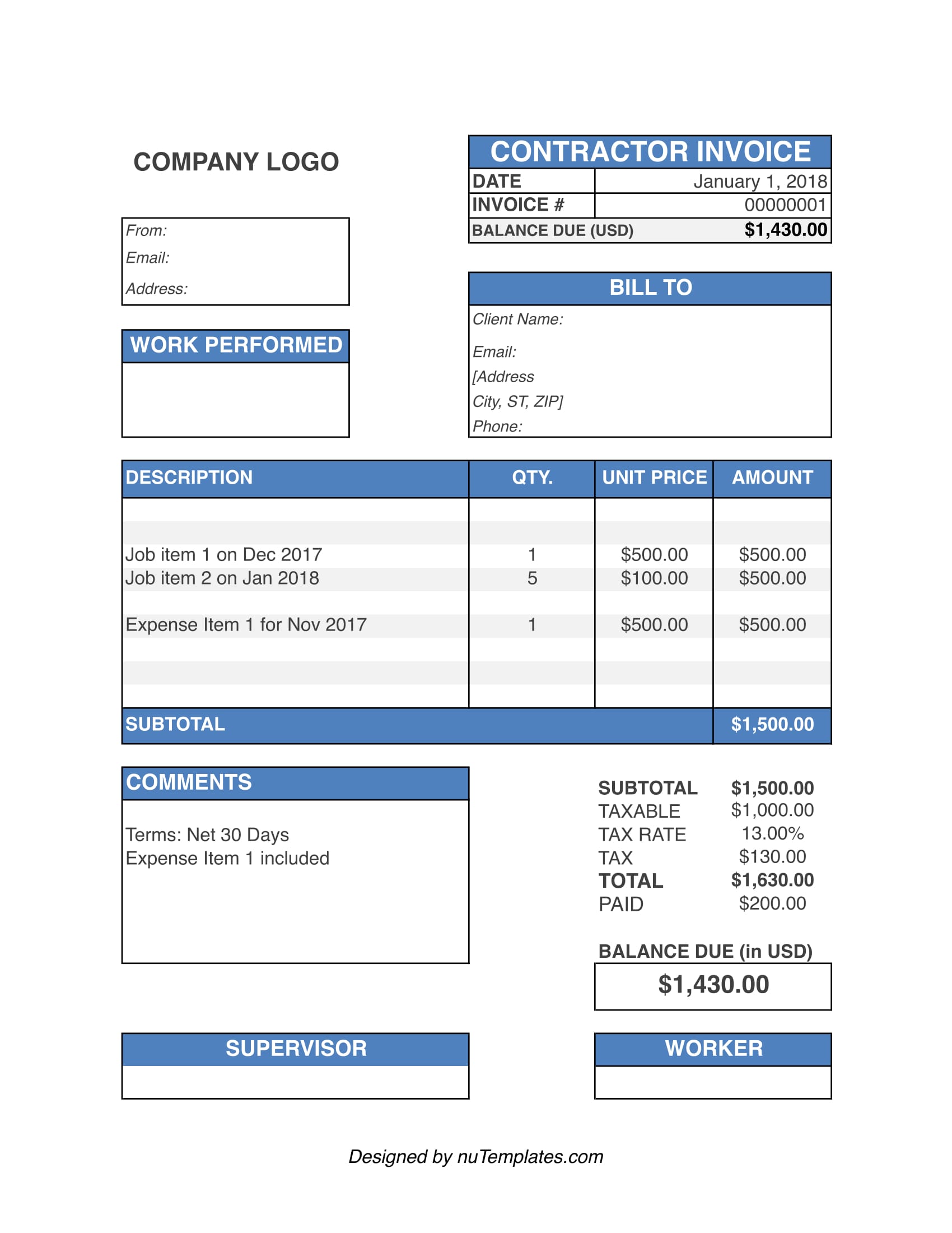 Contractors Invoice Template