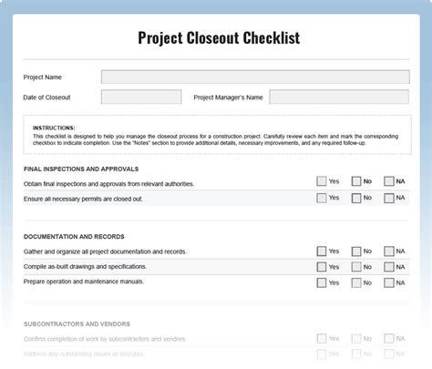 Contruction Project Closeout Checklist Template Free And Editable