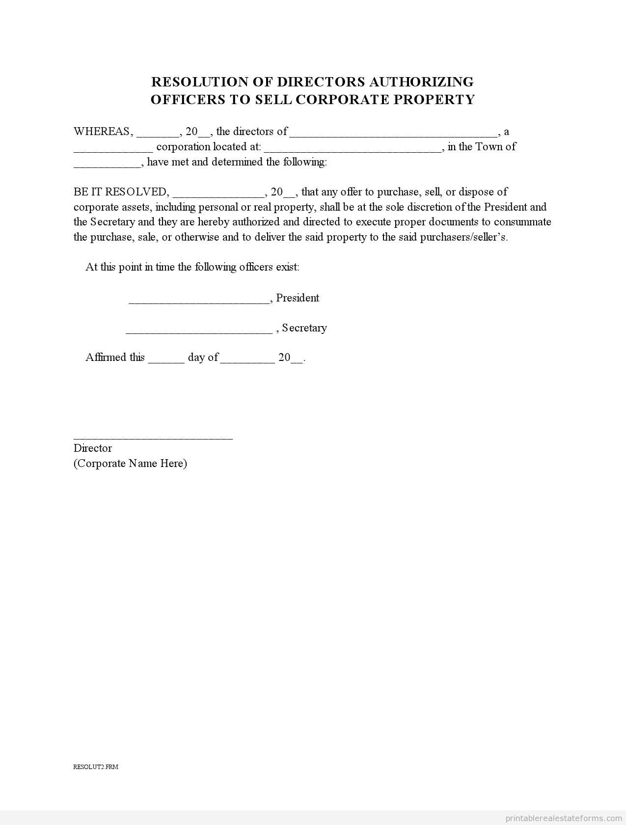 Corporate Resolution To Sell Property Printable Real Estate Forms