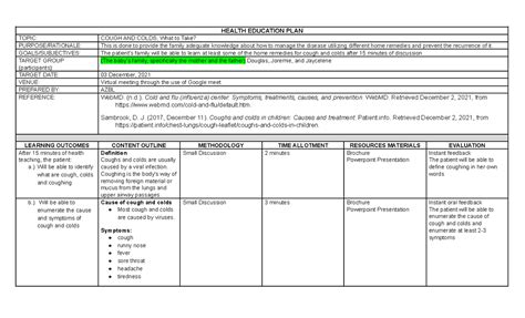 Cough And Cold Health Education Plan Health Education Plan Topic