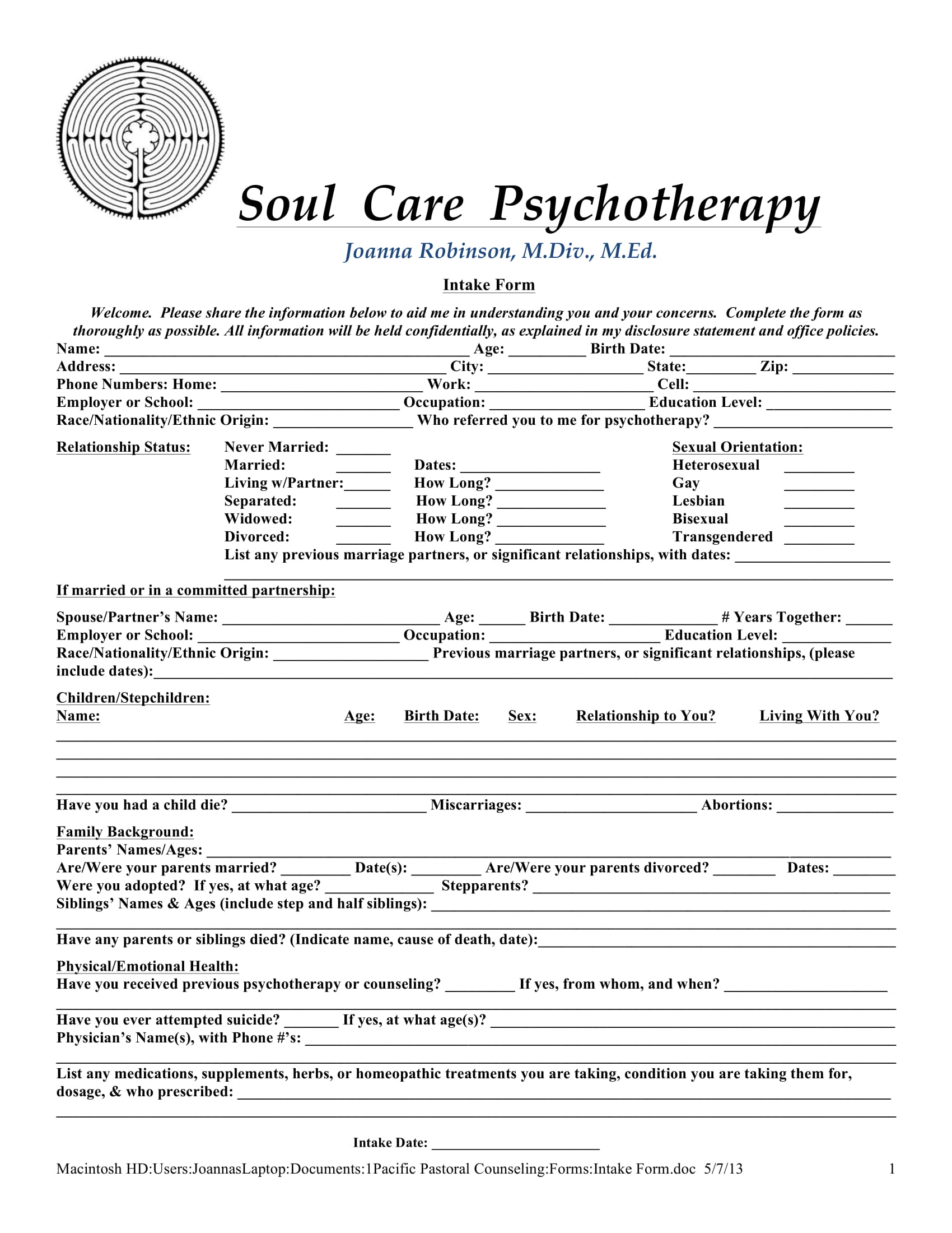 Counseling Client Printable Counselling Intake Form Template