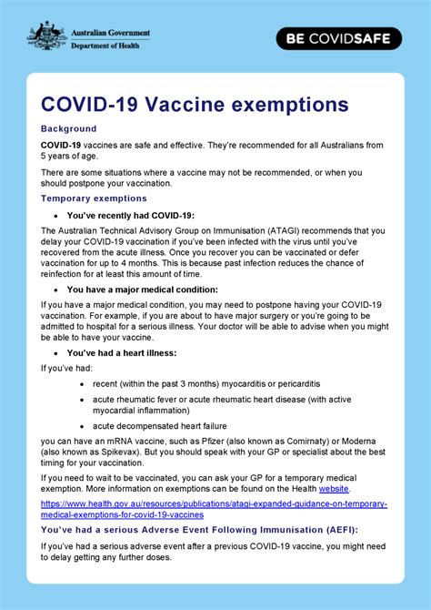 Covid 19 Vaccine Exemption Fact Sheet Australian Government Department Of Health And Aged Care