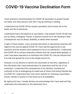 Covid Vaccine Declination Form Template