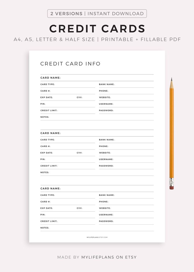 Credit Card List Template Printable Pdf Download